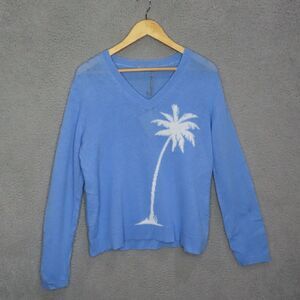 Alashan Cashmere Sweater Large Blue Palm Tree Long Sleeve Pullover NEW w/Flaw